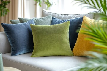 Aufkleber - Cozy living room decorated with colorful cushions on a light gray sofa during bright daylight