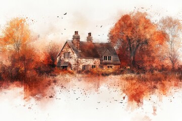 Poster - Charming cottage nestled in vibrant autumn foliage at twilight