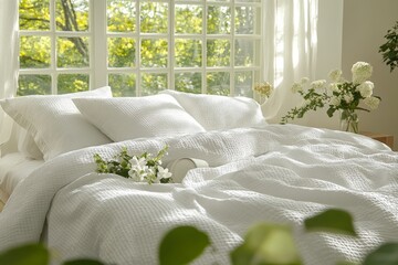 Poster - Bright and airy bedroom showcasing fresh flowers and cozy bedding in a sunlit environment