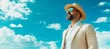 © Julia - A confident man in a hat and sunglasses strikes a stylish pose outside with a blue sky in the background