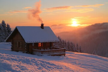 Aufkleber - Cozy log cabin in snowy landscape during sunset with smoke rising from chimney