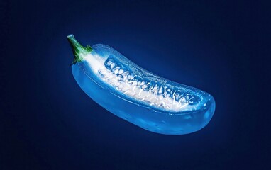 Poster - Glowing blue eggplant on dark background.  Digital art with a futuristic, ethereal feel. Light particles and texture create a surreal effect