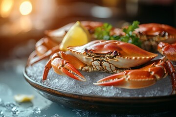 Aufkleber - Crab dish served on ice with lemon and garnish at a seafood restaurant during evening hours