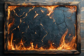 Aufkleber - Cracked black surface surrounded by flames in a rustic wooden frame creating a dramatic visual