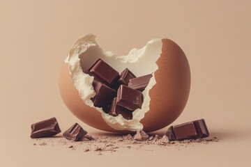 Poster - Chocolate pieces inside a broken eggshell on a light background create an enticing dessert concept