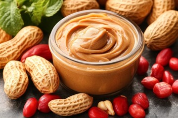 Aufkleber - Creamy peanut butter displayed with peanuts and red peanuts on a textured surface in natural light