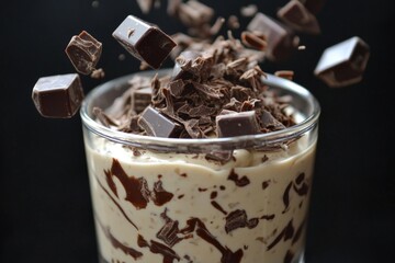 Aufkleber - Delicious dessert with creamy layers and chocolate chunks hovering above in an elegant glass on a dark background