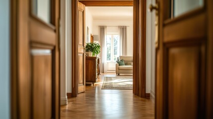 Poster - A serene interior view of a wooden hallway leading to a bright living room with a cozy sofa and plants