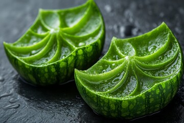 Poster - Freshly cut green watermelon slices showcasing vibrant color and dewy texture on a dark surface