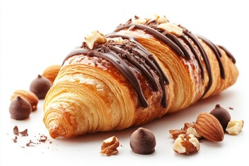 Poster - Decadent chocolate drizzled croissant with nuts and chocolate bits on a clean white background