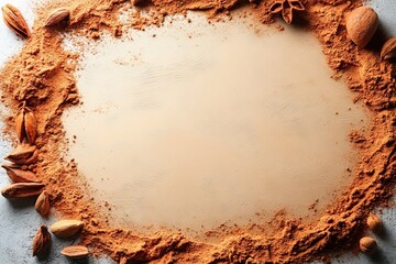 Poster - Cinnamon and almond spices spread evenly for baking preparation on a kitchen surface