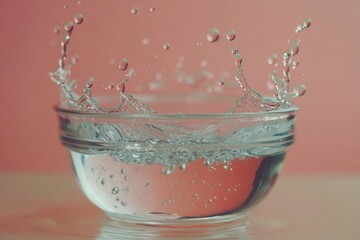 Aufkleber - Water splashes dramatically from a glass bowl against a soft pink background during a still life exploration