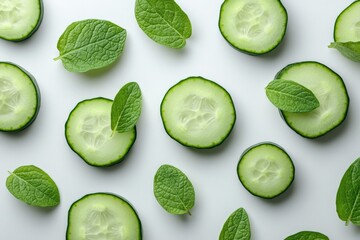 Poster - Fresh cucumber slices and green leaves arranged on a light background for a healthy food display in a kitchen setting