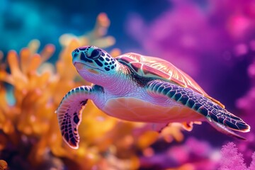 Poster - Colorful turtle swimming gracefully among vibrant coral in a tropical ocean environment