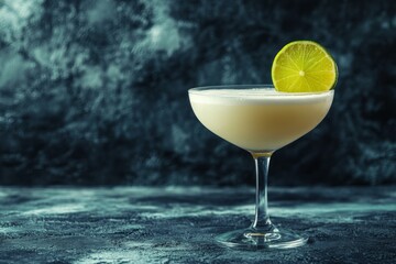 Poster - Refreshing cocktail with lime garnish on dark textured surface in modern setting