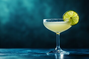 Poster - Refreshing cocktail served in a stylish glass garnished with a lime wedge against a moody backdrop