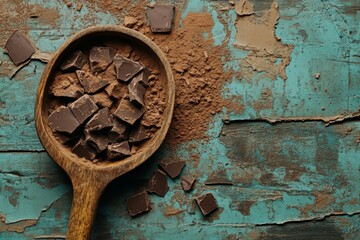 Aufkleber - Chocolate pieces and cocoa powder on a rustic wooden surface in a cozy kitchen setting