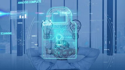 Poster - Digital lock and data processing animation over person relaxing in office