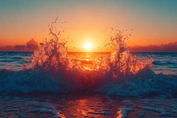 Poster - Ocean waves crashing at sunset create a vibrant display of colors along the shoreline in a tranquil beach setting