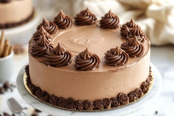 Poster - Chocolate cake with decorative frosting on display at a bakery during afternoon hours