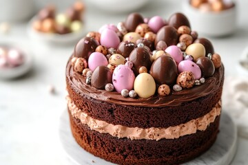 Poster - Chocolate cake decorated with colorful chocolate eggs for a spring celebration