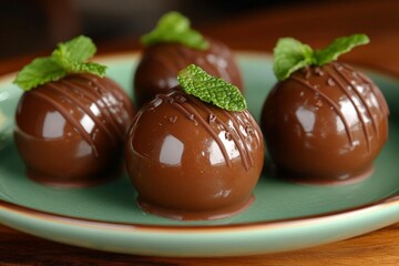 Aufkleber - Decadent chocolate spheres topped with fresh mint leaves served on a green plate at a dessert event