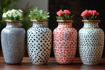 Poster - Colorful decorative vases with flowers arranged on a wooden surface showcasing modern design aesthetics