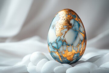 Poster - Unique decorative egg with blue and gold design showcased on smooth pebbles indoors