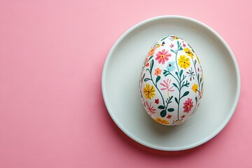 Poster - Beautifully decorated Easter egg on a pale plate against a pink background during spring celebrations