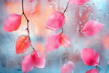 Poster - Pink leaves on a rainy window create a serene atmosphere in a blurred urban setting