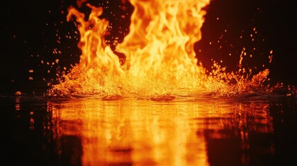 Poster - Vibrant flames erupting from water, creating splashes and reflections in a dynamic, fiery display
