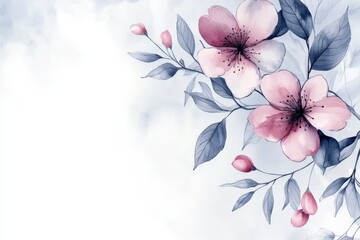 Aufkleber - Elegant watercolor floral design featuring soft pink flowers and green leaves on a serene background