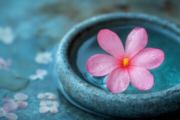Poster - Delicate pink flower floating in serene water bowl surrounded by scattered petals in tranquil setting