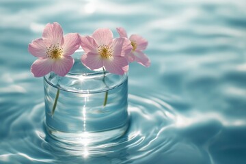 Poster - Soft pink flowers floating in clear water create a serene and calming atmosphere during the afternoon