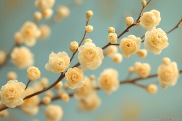 Aufkleber - Delicate yellow flowers bloom on a branch against a soft blue background in springtime elegance