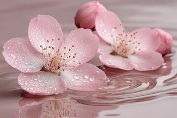 Poster - Delicate pink cherry blossoms resting on calm water surface in serene natural setting