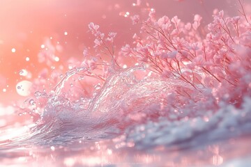 Poster - Water splashes around delicate pink blossoms, creating a serene and beautiful spring ambiance at sunset
