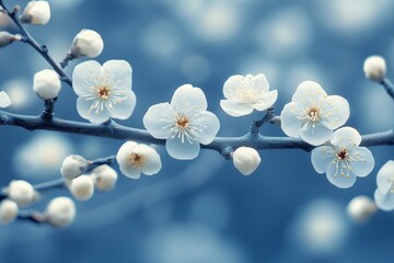 Poster - Delicate white flowers bloom on branches against a soft blue background during early spring time