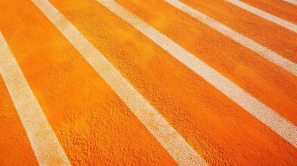 Poster - Vibrant orange textured surface with white stripes, resembling a sports track, ideal for creative backgrounds