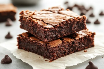 Aufkleber - Brownies stacked on parchment paper with chocolate chips scattered around in a cozy kitchen setting