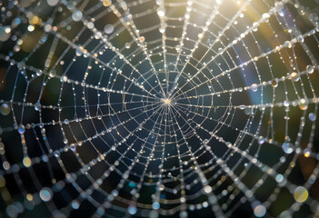 Raindrops on a Spiderweb with Sunlight Prism Effect