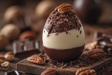 Aufkleber - Chocolate dessert egg topped with nuts and chocolate shavings on a wooden platter
