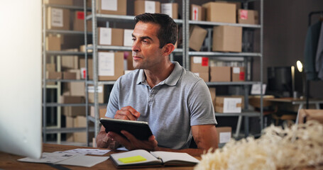 Aufkleber - Logistics, tablet and thinking with man in distribution for communication or update at desk. Boxes, checklist and supply chain with employee in office for delivery, ecommerce or shipping schedule