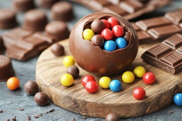 Aufkleber - Delicious chocolate egg filled with colorful candy on a wooden board