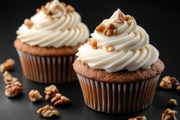 Poster - Delicious homemade cupcakes with cream frosting and walnut topping arranged beautifully on a dark background