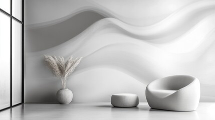 Poster - Modern minimalist interior featuring a curved white chair and round ottoman against a wavy textured wall