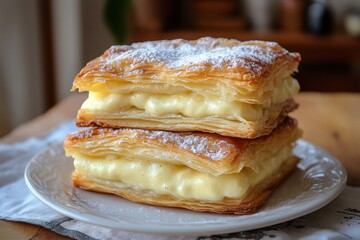 Poster - Delicious layers of creamy pastry stacked elegantly on a plate in a cozy kitchen setting