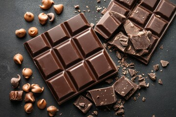 Aufkleber - Delicious dark chocolate bar pieces with scattered chocolate chips on a dark background