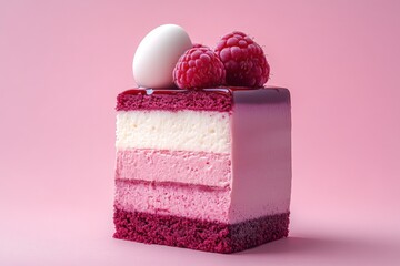 Poster - Delicious layered dessert with raspberry topping and chocolate egg on a pink background