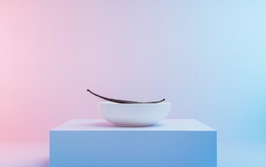 Poster - A white bowl containing dark brown objects rests on a light blue cube against a pink and blue gradient background.  The scene is minimalist and brightly lit